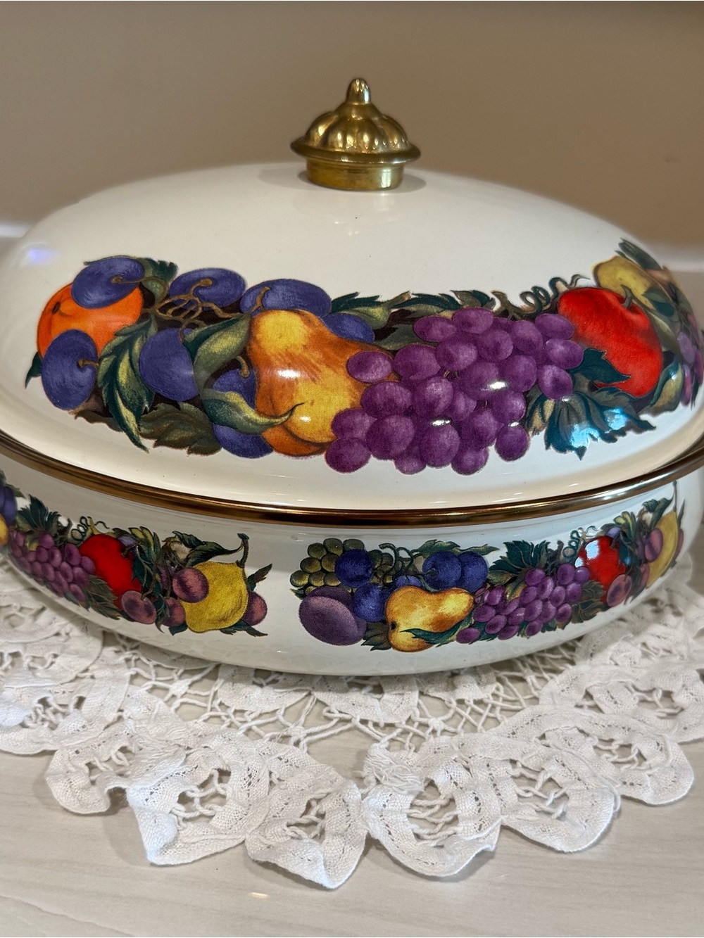 Vintage Cornucopia Covered Enamel Serving Casserole with Colorful Fruit Design